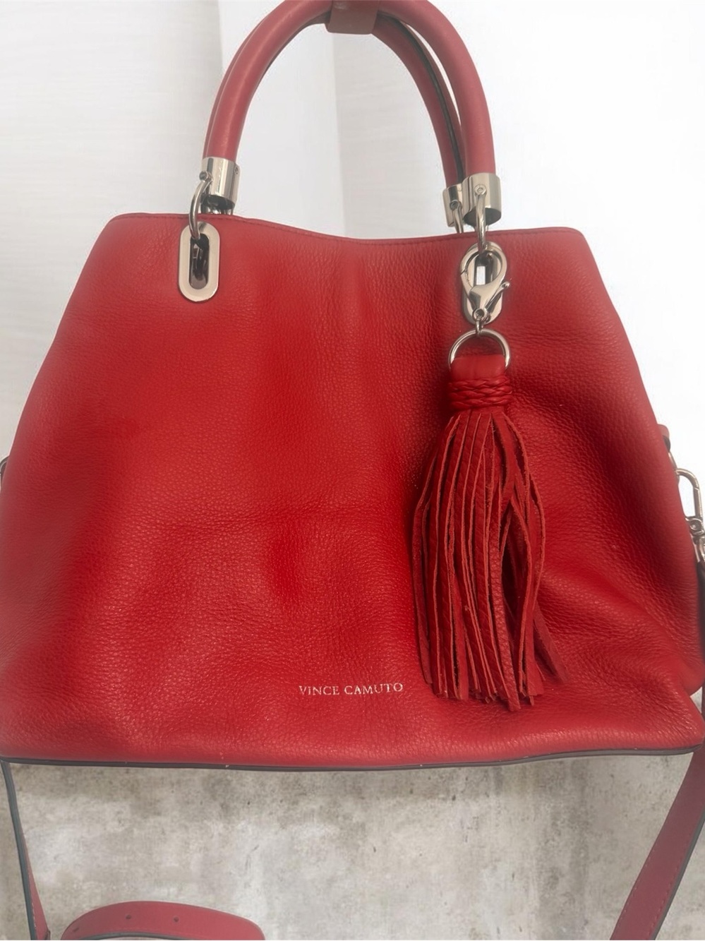 Vince Camuto Red Pebbled Leather Satchel with Tassel Charm